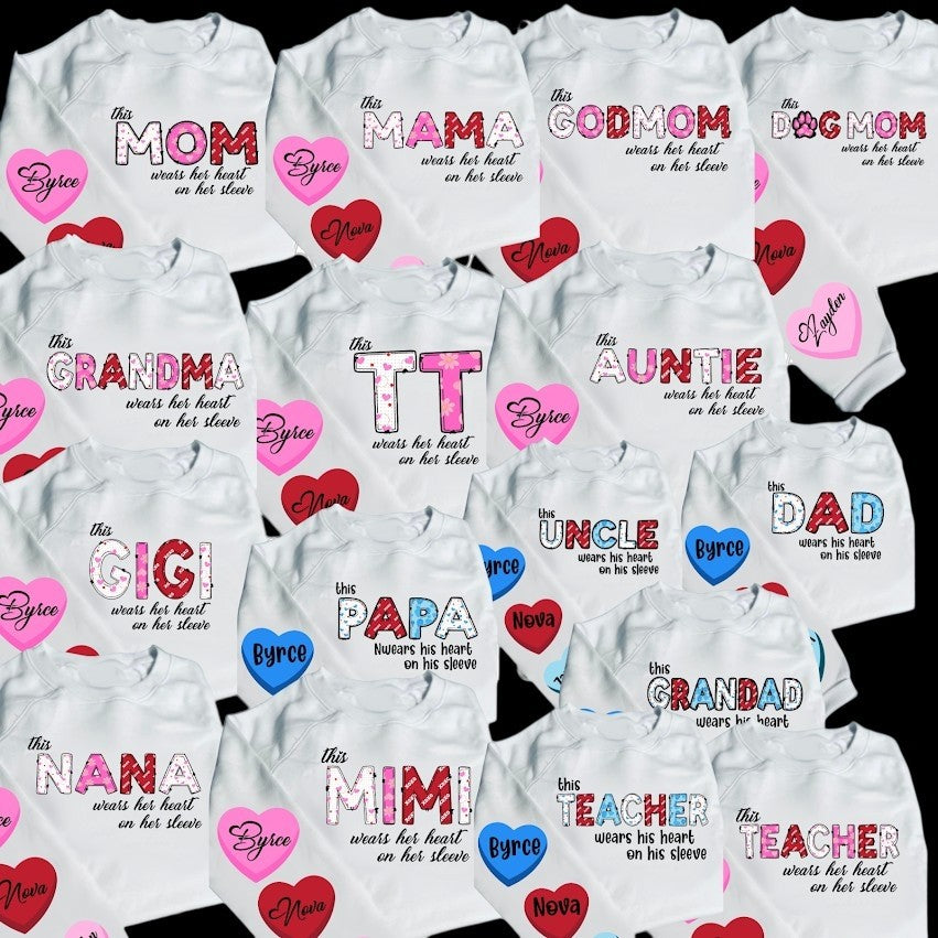 angelzessentialz custom white hoodies featuring personalized family titles and heart designs with names on sleeves