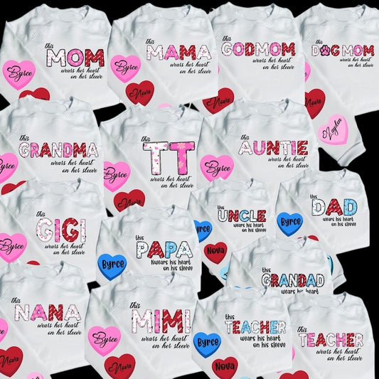 angelzessentialz custom white hoodies featuring personalized family titles and heart designs with names on sleeves